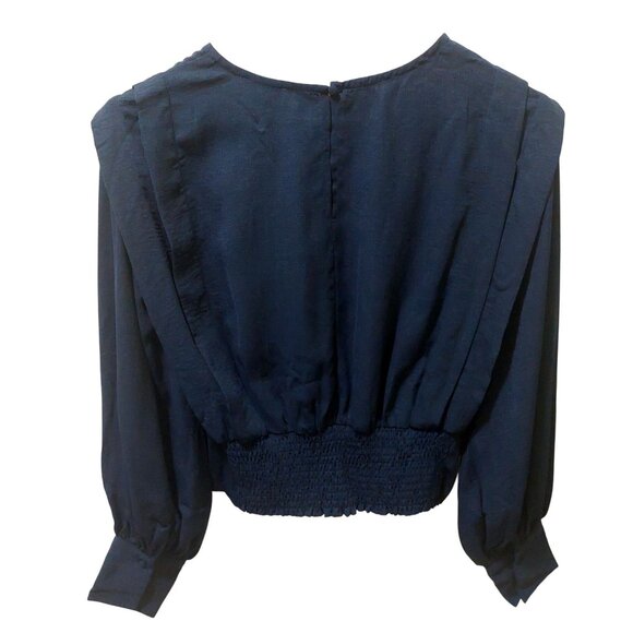 NWT Umgee Navy Solid Defined Shoulder Crepe Blouse~Long Sleeve - Picture 4 of 10